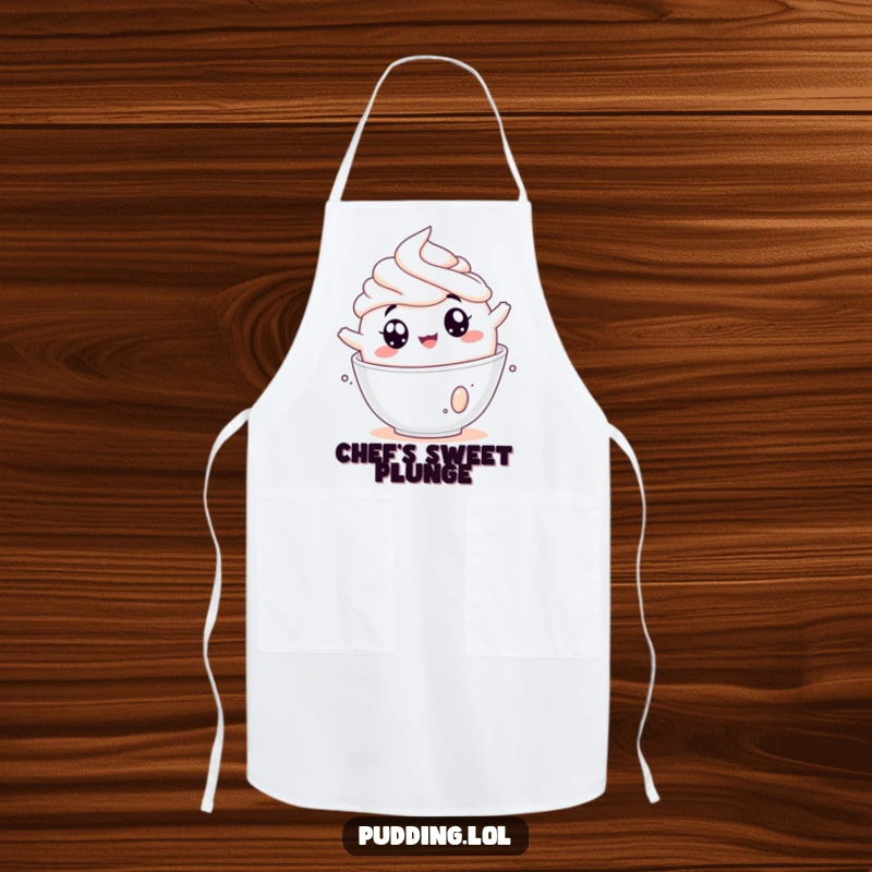Funny pudding apron featuring a jiggly pudding cup tumbling into whipped cream, perfect for kitchen fun.