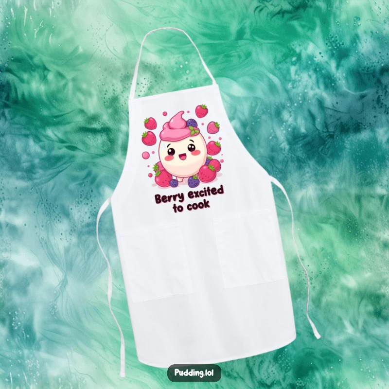Funny berry pudding character, delighted amongst bouncing berries, perfect for kitchen fun in this humorous apron.