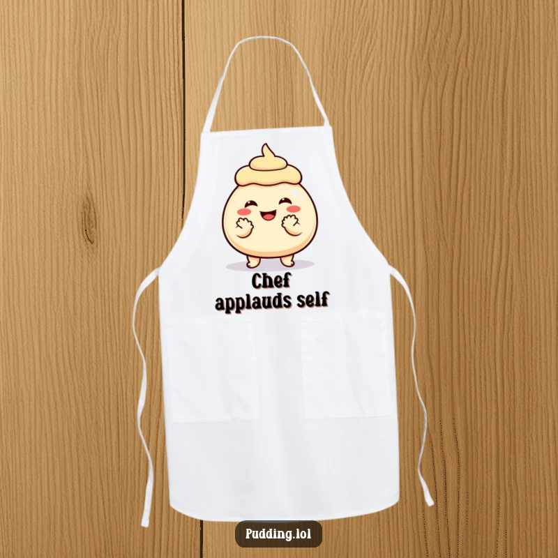 Funny Apron showing a grinning pudding character enthusiastically clapping its hands, perfect for a joyful cooking experience.