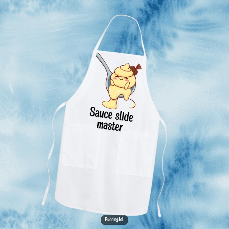Funny Apron: A wobbly pudding character slides down a spoon, bringing playful dessert energy to your kitchen attire.