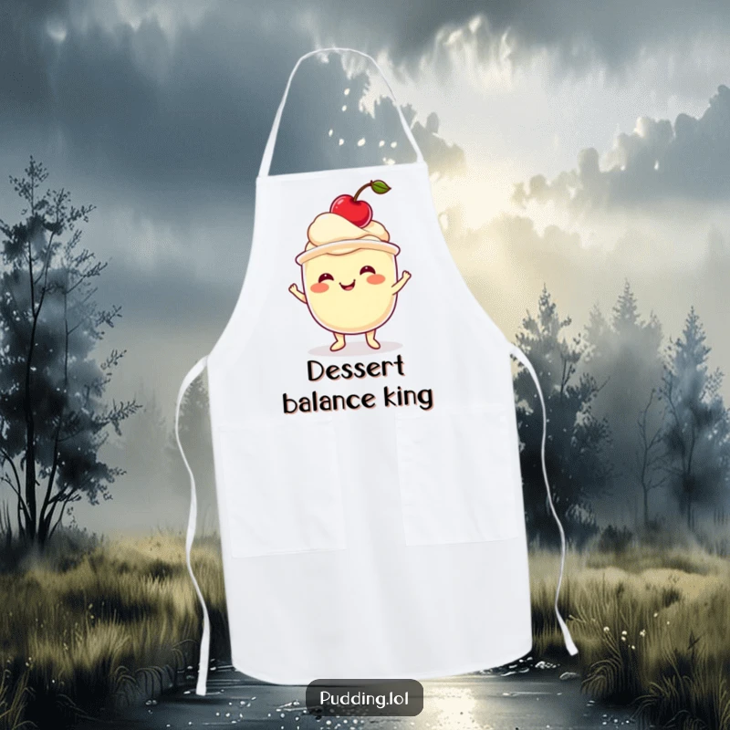 Funny pudding apron featuring a wobbling pudding cup balancing a cherry, perfect for kitchen fun.