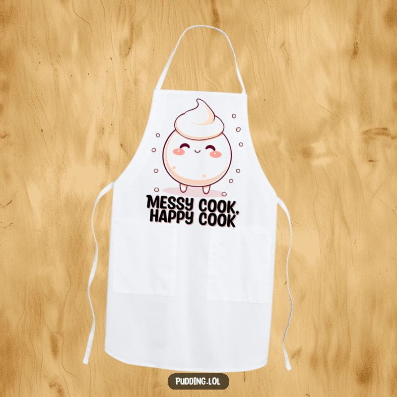 Funny tapioca pudding character with scattering pearls, looking silly, perfect for kitchen fun in this humorous apron.