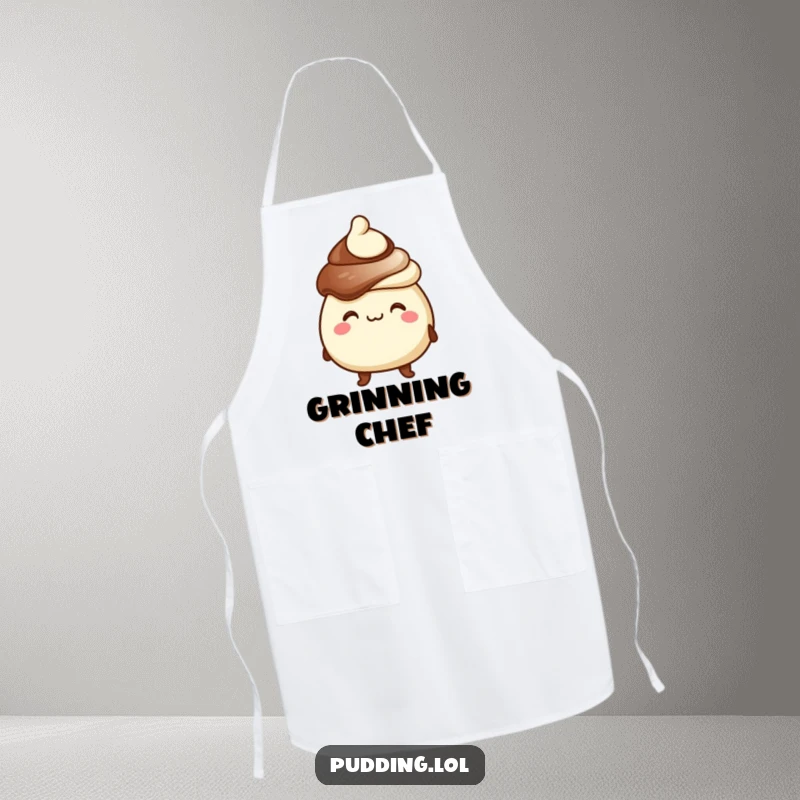 Funny apron depicting a chocolate pudding character wearing a hat and grinning, perfect for adding humor to cooking tasks.