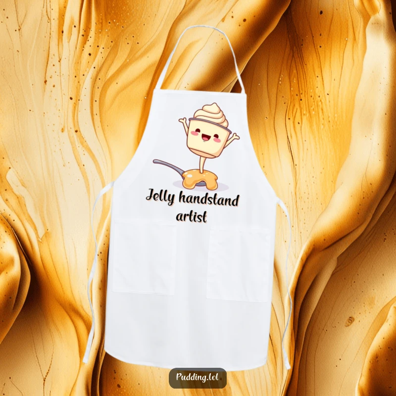 Funny apron: A pudding cup character attempts a handstand on a spoon of jelly, adding humor to kitchen duties and making a great funny gift.