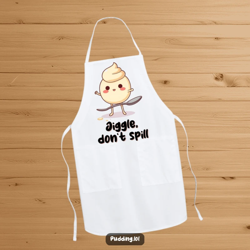 Funny Apron showing a jiggling pudding character hilariously attempting to balance on one spoon while perhaps cooking, a comical kitchen accessory.