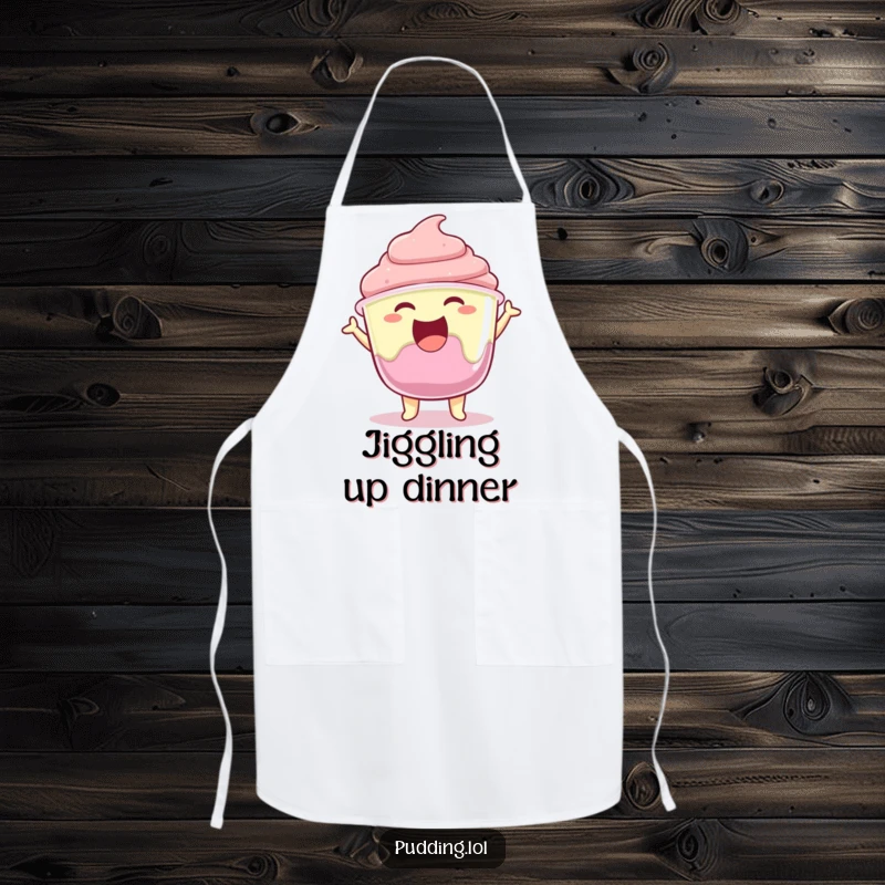 Funny pudding cup character joyfully jiggling its gelatin, featured on a functional kitchen apron.