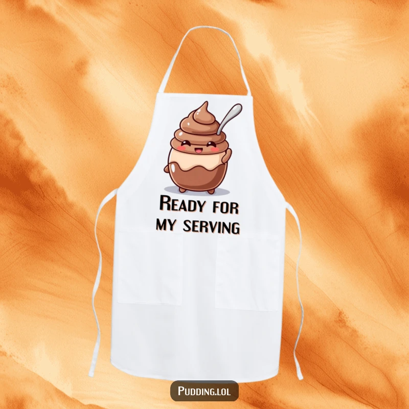 Funny beaming chocolate pudding character with a spoon stuck in it wearing a kitchen apron, adding sweet humor to cooking tasks.