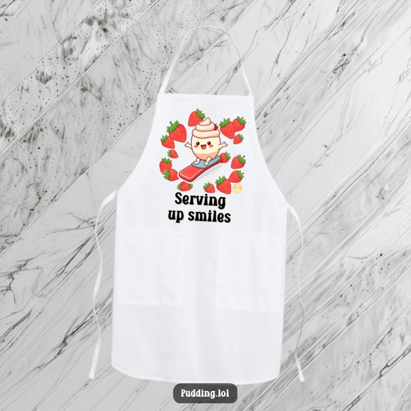 Funny apron showing a happy pudding cup character bravely surfing on a slippery strawberry slide, ready for kitchen fun.