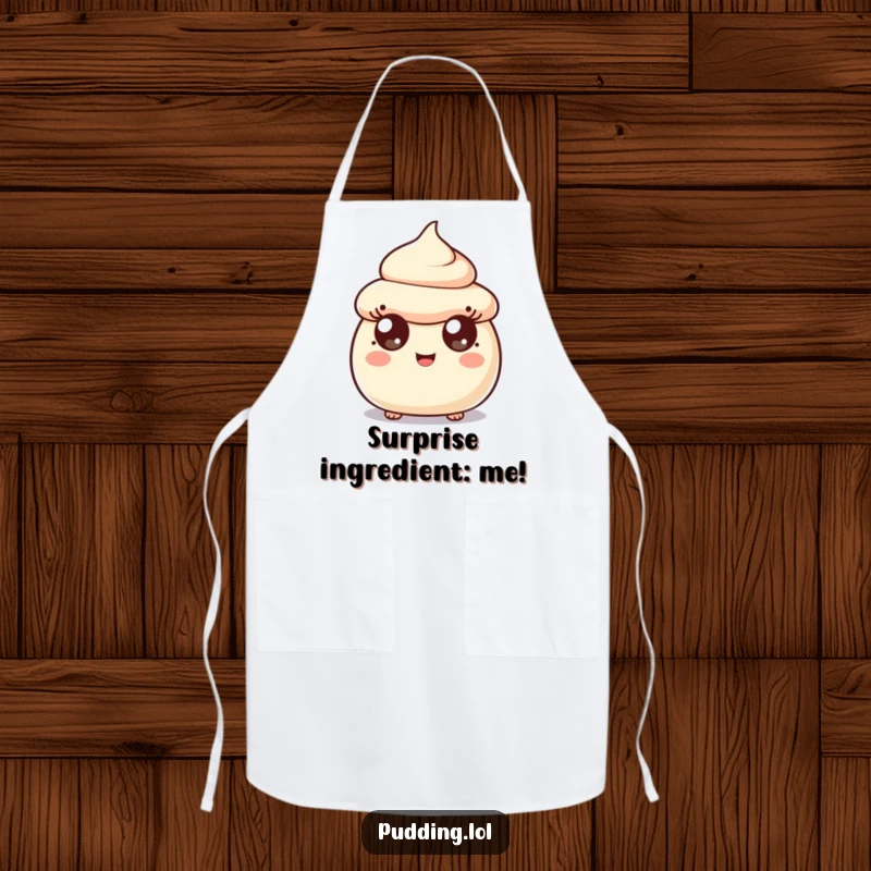 Funny surprised pudding scoop character wearing a chef's apron, its wide eyes and happy face adding humor to cooking tasks.