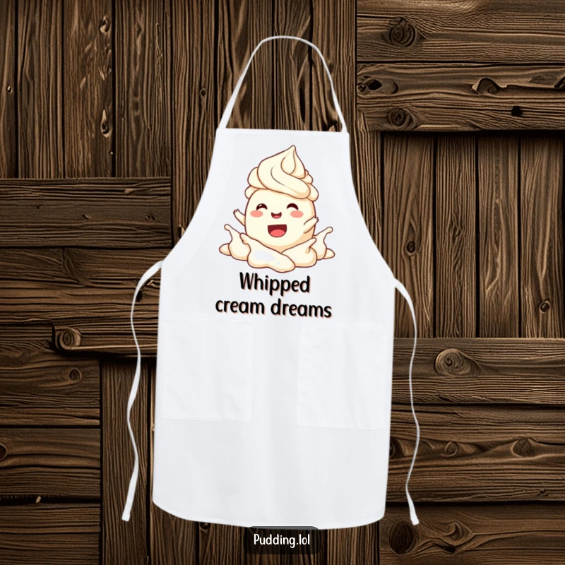 Funny Apron showing a joyful pudding character splashing happily in whipped cream, a comical kitchen accessory.