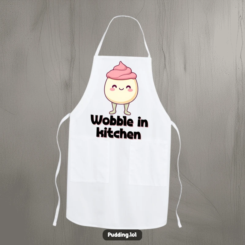 Funny Apron featuring a pudding cup character with wobbly jelly legs, ready to protect your clothes with a side of pure, culinary comedy.
