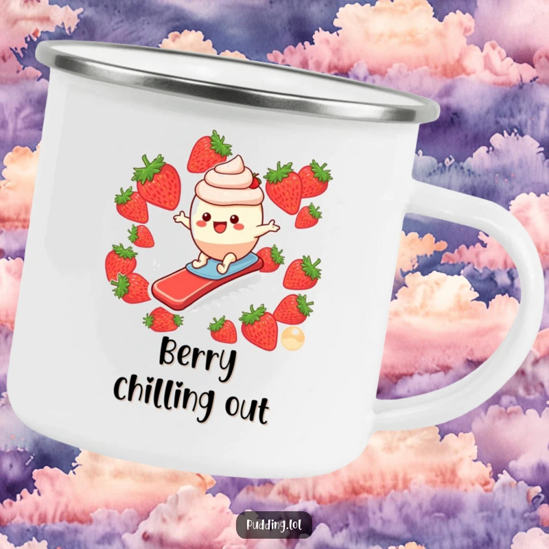 Funny camping mug showing a happy pudding cup character surfing a strawberry slide, perfect for outdoor adventures and smiles.