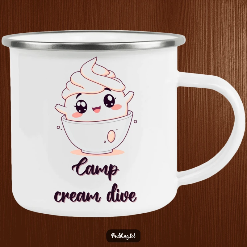 Funny pudding camping mug with a jiggly pudding cup tumbling into whipped cream, perfect for dessert-loving adventurers.