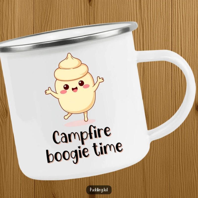 Funny vanilla pudding character dancing playfully, ready for adventures in this humorous camping mug.