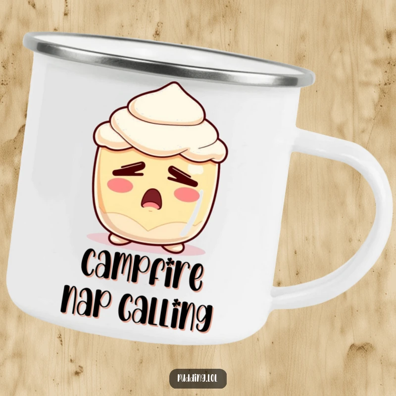 Funny Sleepy Pudding Camping Mug: A sturdy mug showing a pudding cup character yawning with sleepy eyes, ideal for humorous outdoor relaxation.