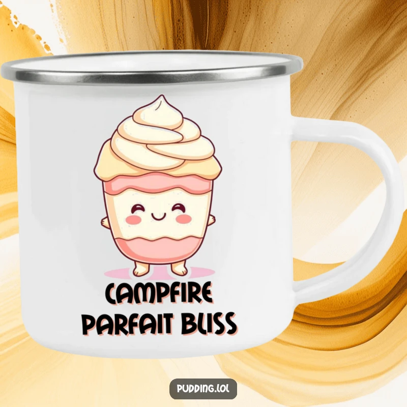 Funny parfait pudding character with cheerful, wiggling layers, perfect for outdoor adventures in this humorous camping mug.