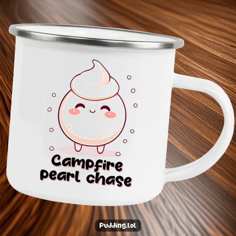 Funny tapioca pudding character with scattering pearls, looking silly, perfect for outdoor adventures in this humorous camping mug.