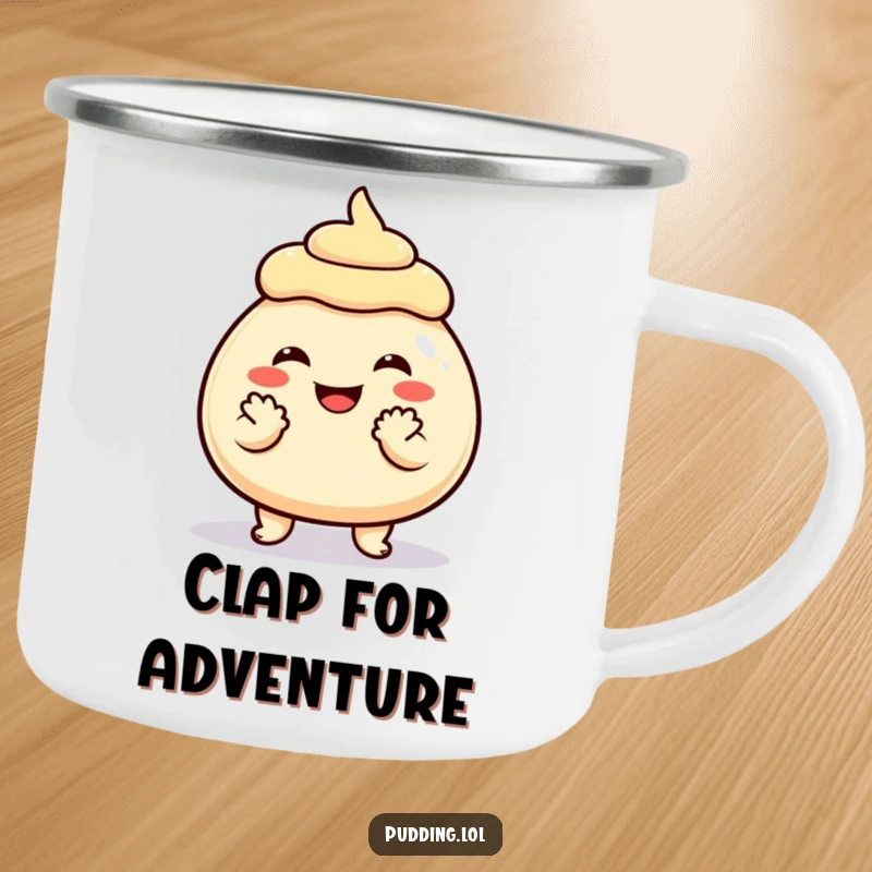 Funny Camping Mug featuring a grinning pudding character clapping its small hands, bringing joy to outdoor beverages.