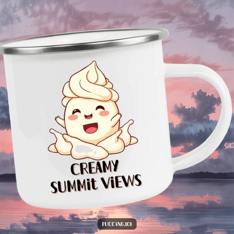 Funny Camping Mug featuring a joyful pudding character splashing happily in whipped cream, adding cheer to outdoor drinks.