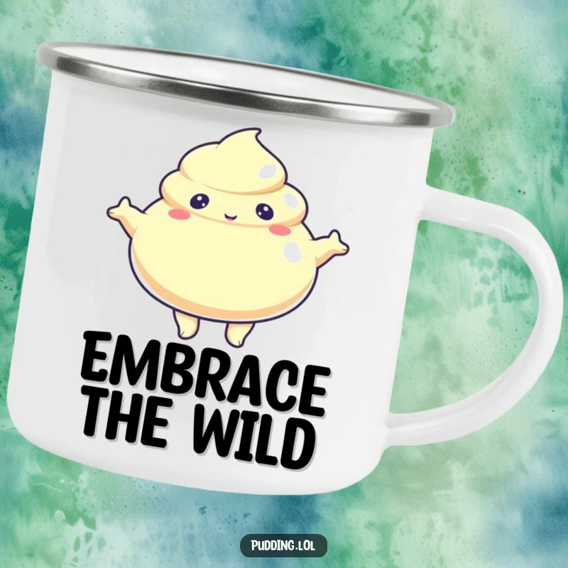 Funny Camping Mug with a jiggly pudding character with arms outstretched, perfect for embracing outdoor fun and warm sips.