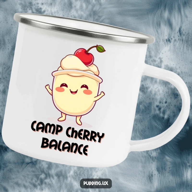 Funny pudding camping mug with a wobbling pudding cup balancing a cherry, perfect for dessert-loving adventurers.