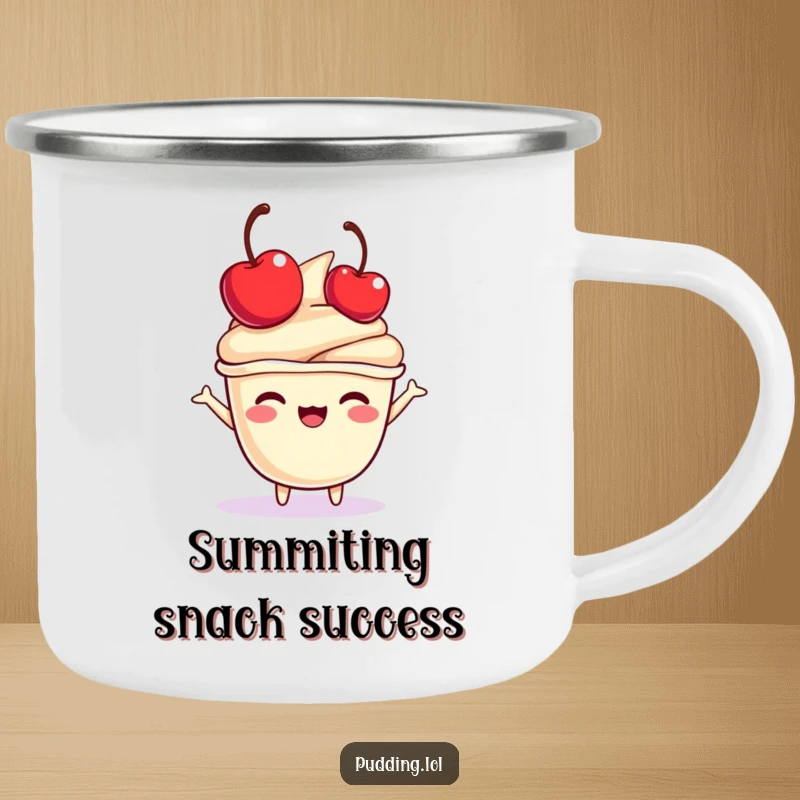 Funny pudding cup camping mug with a character joyfully bouncing a mini cherry on its head, perfect for enjoying sweet drinks outdoors.