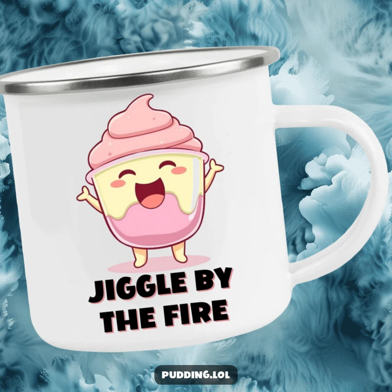 Funny pudding cup character joyfully jiggling its gelatin, printed on a sturdy camping mug.