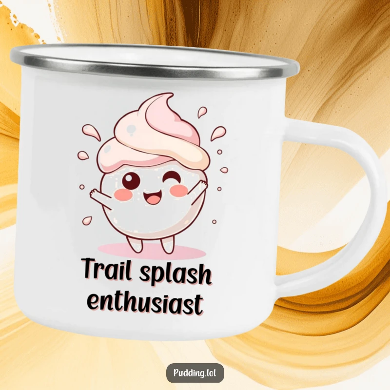 Funny Camping Mug with a pudding scoop character gleefully splashing, designed for outdoor fun and cheerful hydration.