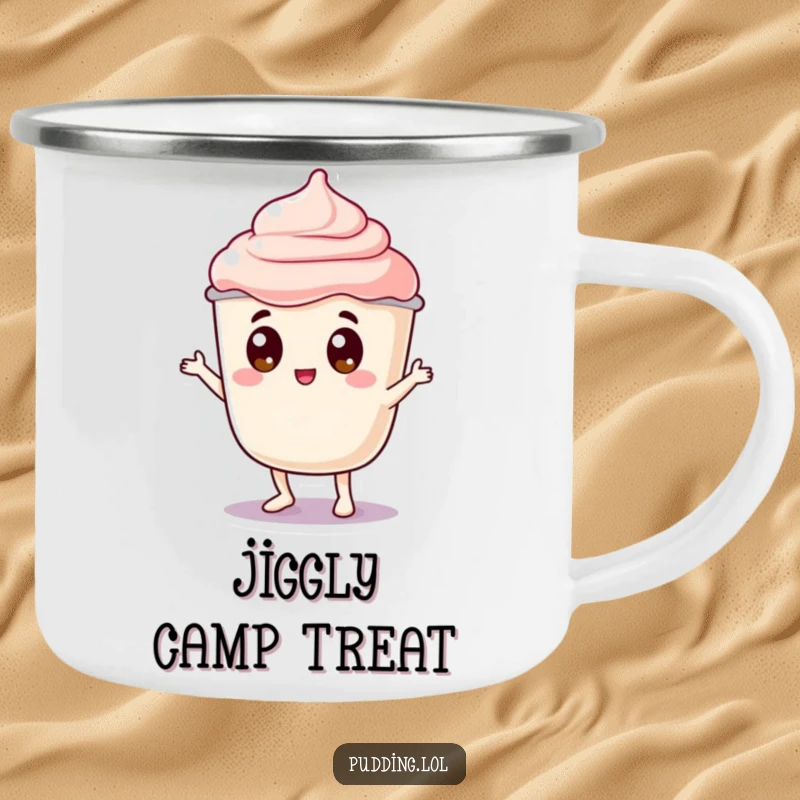 Funny pudding camping mug featuring a jiggly pudding cup character with googly eyes doing a silly dance wobble, perfect for enjoying drinks outdoors with wobbly cheer.