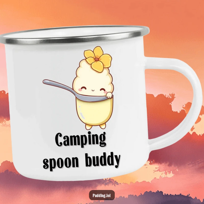 Funny Camping Mug featuring a shy vanilla pudding character hiding behind a spoon with shy eyes, perfect for gentle moments.