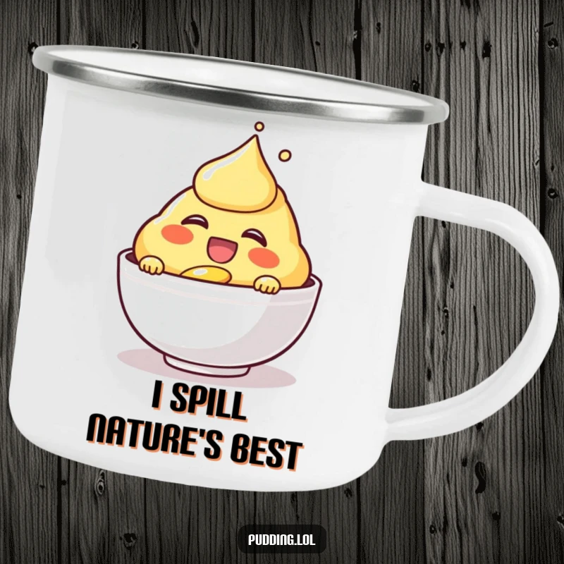 Funny laughing custard character on a durable camping mug, happily pouring, making your outdoor beverage experience more amusing.