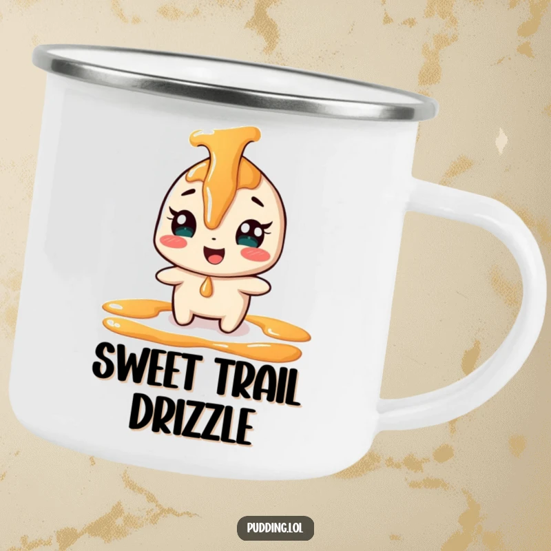 Funny giggling caramel sauce character on a durable camping mug, playfully drizzling, making your outdoor beverage experience sweeter.