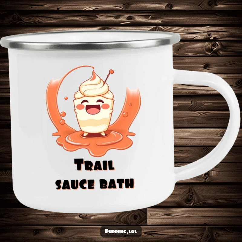 Funny camping mug showing a happy pudding cup character splashing playfully in sauce, perfect for outdoor adventures and smiles.