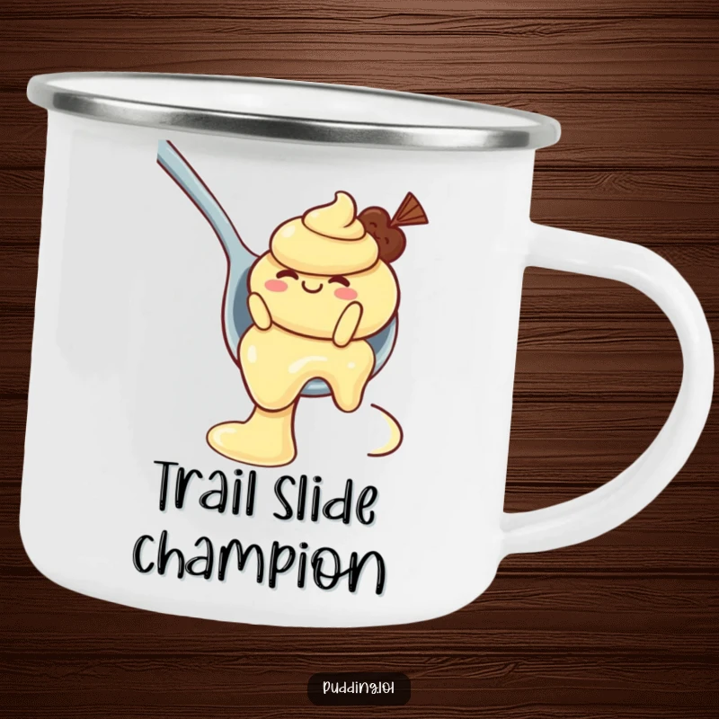 Funny Camping Mug: A wobbly pudding character slides down a spoon, ready for sweet adventures in the great outdoors.