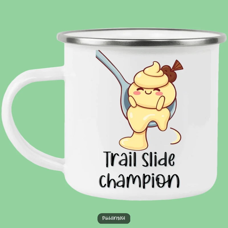 Funny Pudding Camping Mug: Wobbly Character Spoon Slide, Your Dessert Adventure Gift