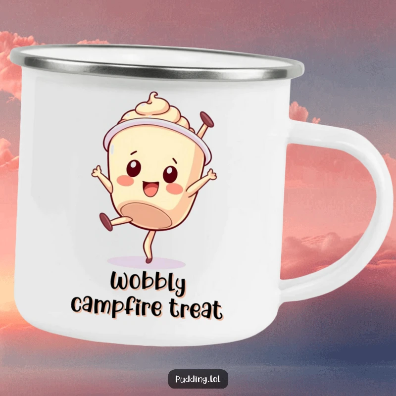 Funny camping mug: A wobbly pudding cup character attempts a somersault, adding a touch of endearing dessert humor to camping.