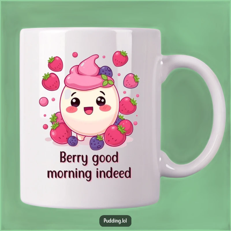 Funny Berry Pudding Mug: Delighted Character & Bouncing Berries Gift