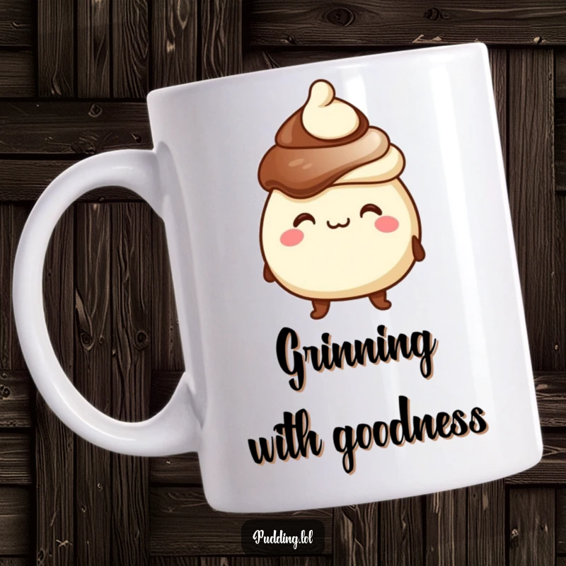Funny mug featuring a chocolate pudding character with a goofy grin, wearing a tiny hat, exuding pure dessert delight.