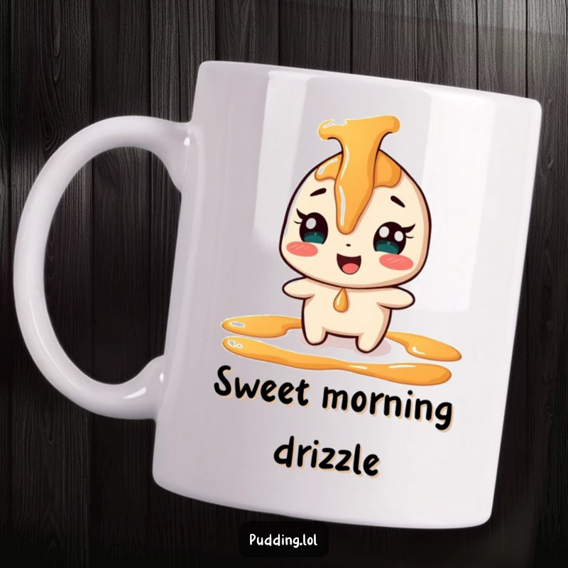 Funny giggling caramel sauce character playfully drizzling, illustrated on a ceramic mug for sweet amusement.
