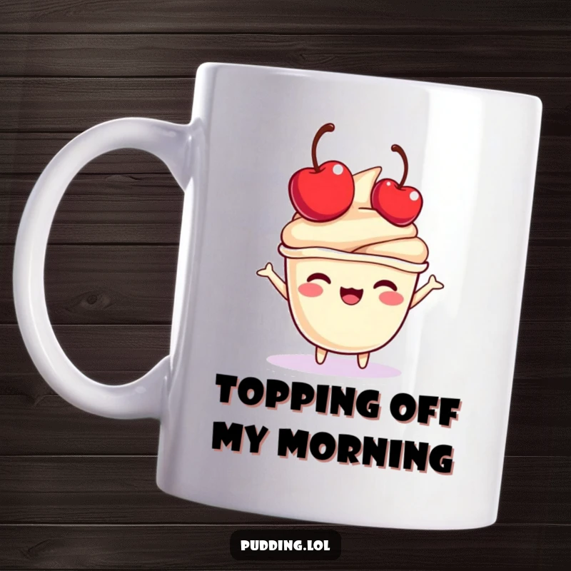 Funny pudding cup character mug joyfully bouncing a mini cherry on its head, radiating dessert-themed happiness.