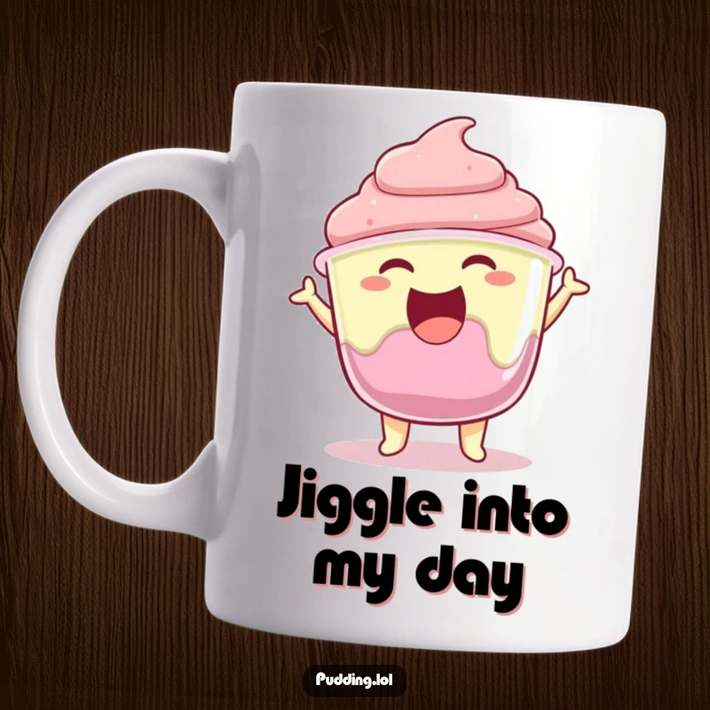 Funny pudding cup character joyfully jiggling its gelatin with excitement on a cheerful mug.