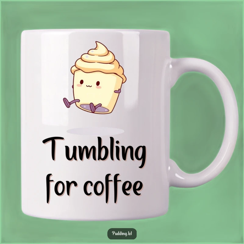 Funny Pudding Somersault Mug: Clumsy Cup Character Flipping Over Gift