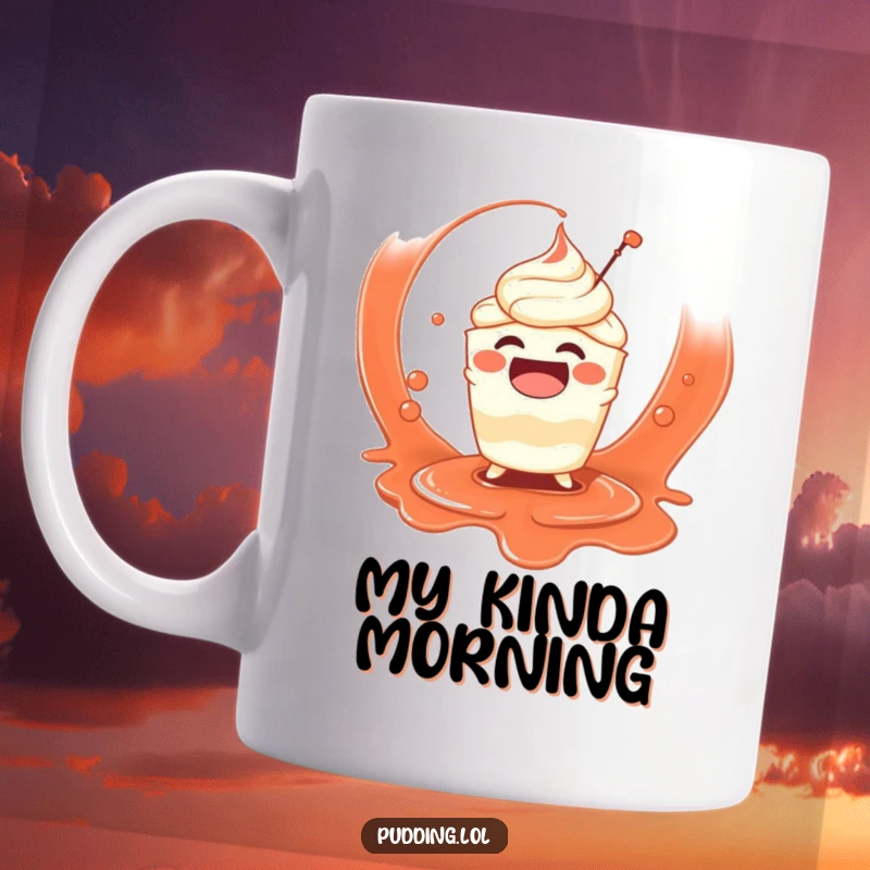 Funny mug featuring a gleeful pudding cup character playfully splashing around in a pool of savory sauce with pure delight.