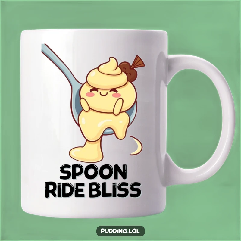 Funny Pudding Spoon Slide Mug: Wobbly Character Enjoying a Delicious Ride Gift