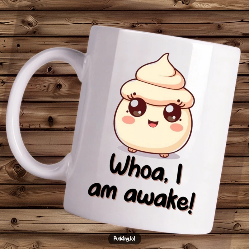 Funny surprised pudding scoop character with wide happy eyes, a delightful dessert illustration for a ceramic mug.