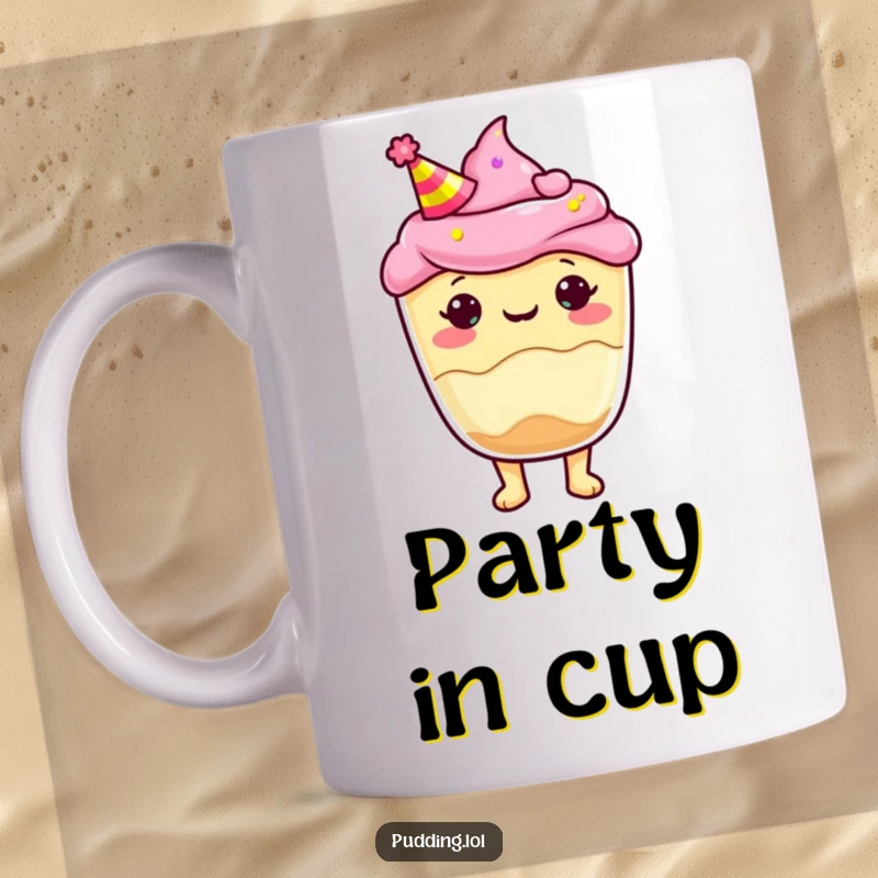 Funny Mug featuring a pudding cup character looking festive with a jaunty party hat, ready to celebrate any moment.