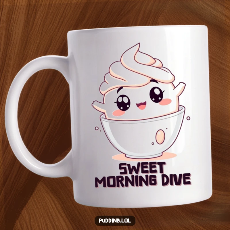 Funny pudding mug showing a jiggly pudding cup tumbling joyfully into whipped cream, embodying pure dessert happiness.