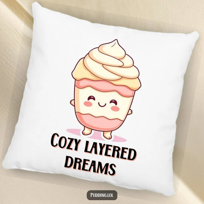 Funny parfait pudding character with cheerful, wiggling layers, perfect for a humorous and comfortable pillow.