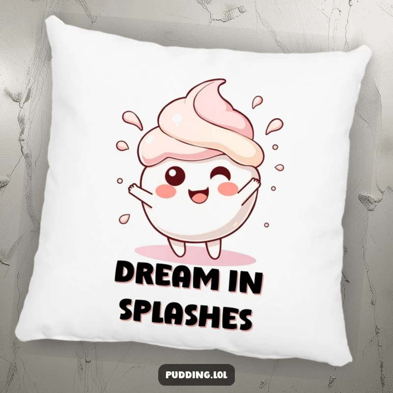 Funny Pillow featuring a pudding scoop character in a gleeful splash, offering soft, playful comfort and cheer.