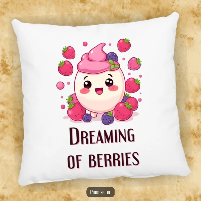 Funny berry pudding character, delighted and surrounded by bouncing berries, perfect for a humorous and comfortable pillow.